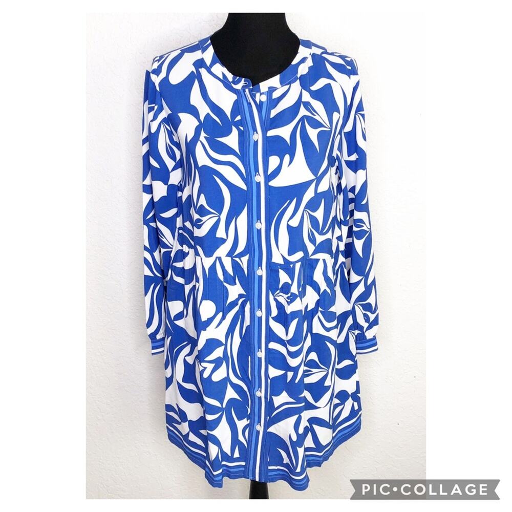 LOFT blue white graphic button down shirt dress size Small
